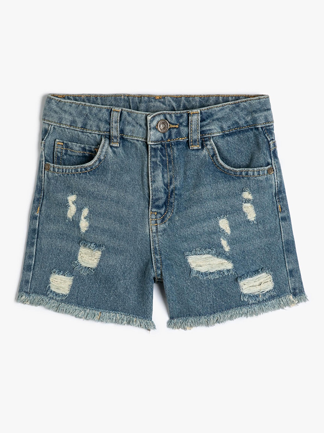 

Koton Girls Mid-Rise Pure Cotton Distressed Denim Shorts, Blue