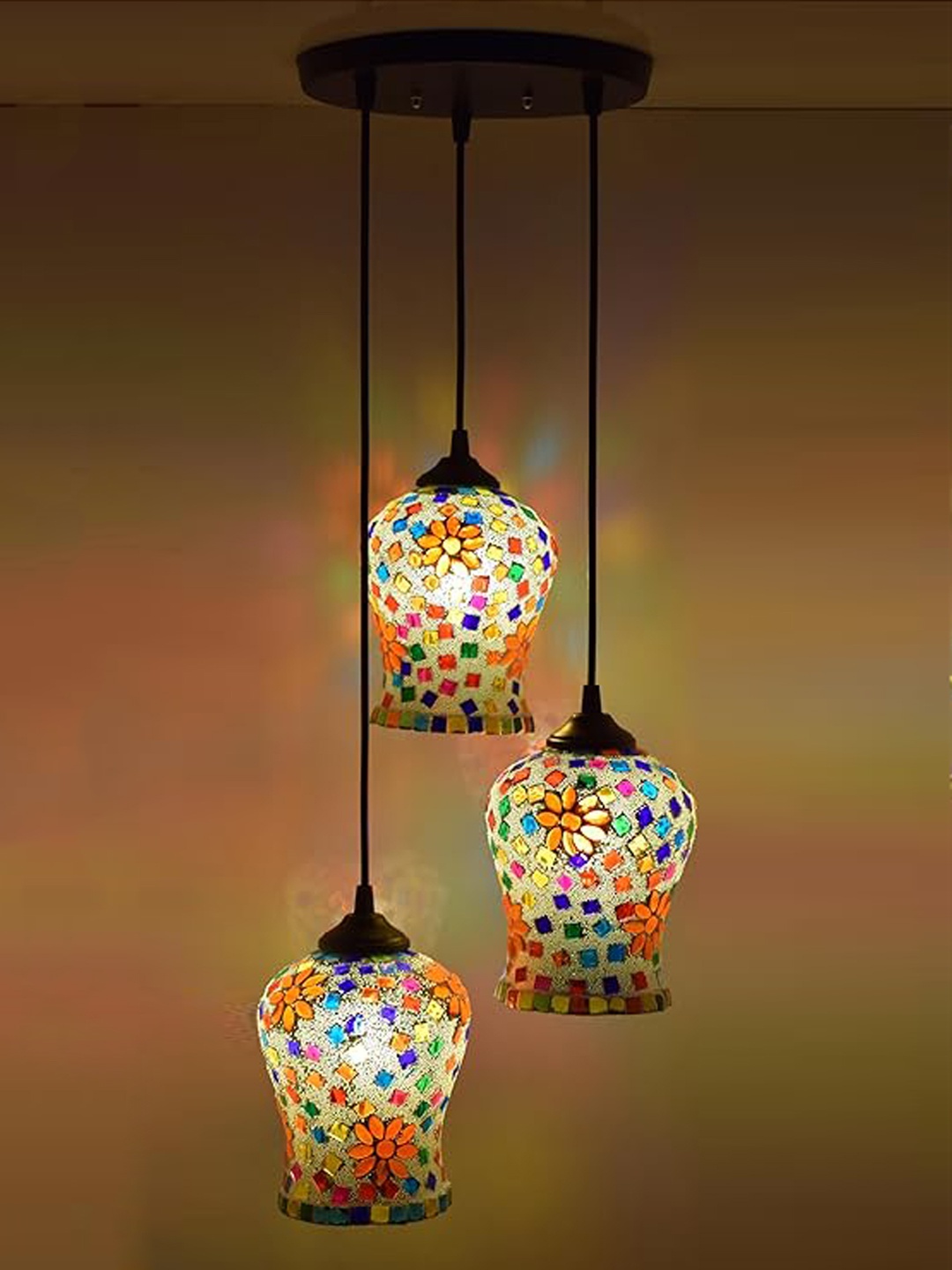 

ADWAIT White & Orange Printed Bell Shaped Glass Contemporary Ceiling Lamp