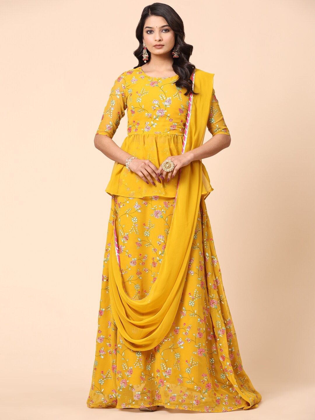 

FAB GALAXY Floral Printed Gotta Patti Lehenga Saree, Yellow