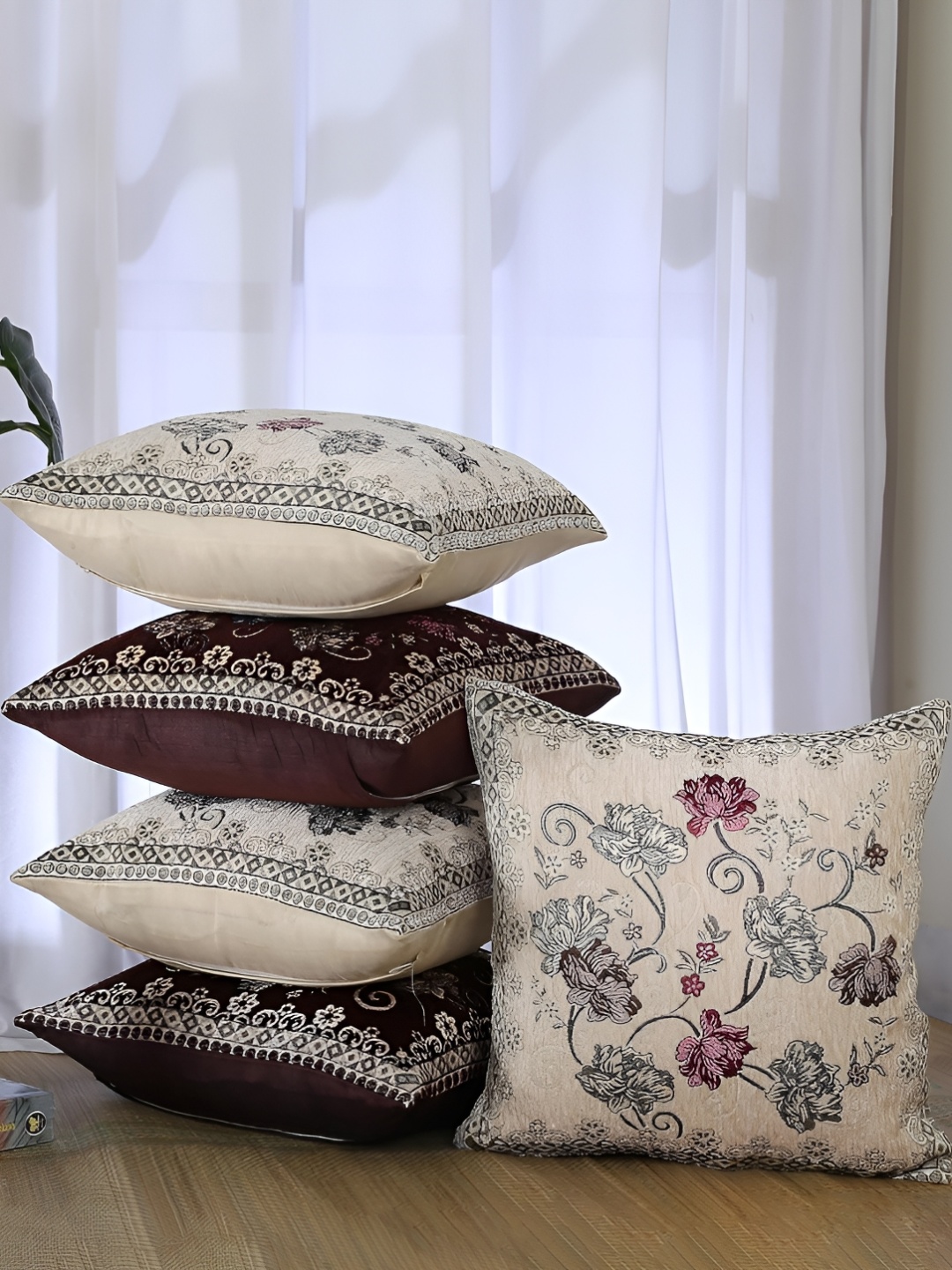 

Homerz White & Maroon 5 Pieces Floral Cotton Square Cushion Covers