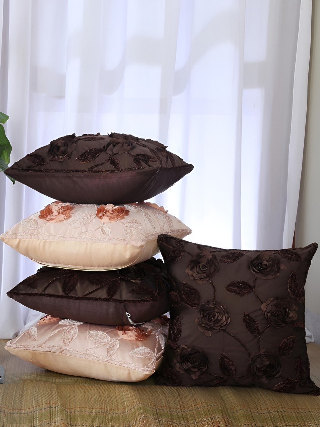 

Homerz Brown & Beige 5 Pieces Embroidered Cotton Square Cushion Covers