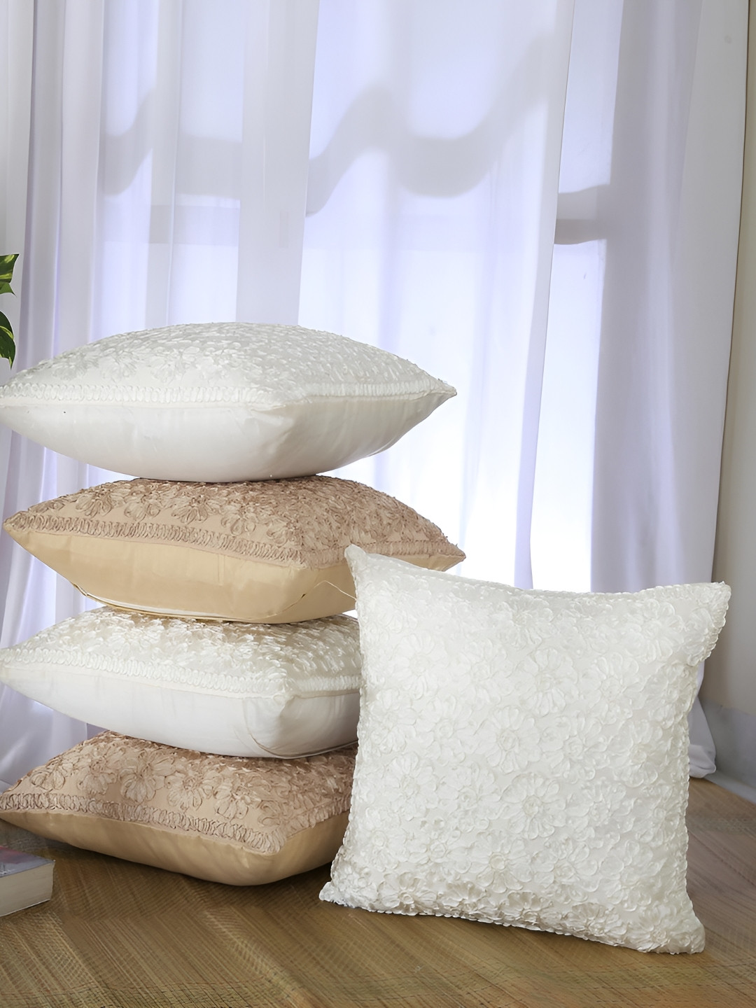 

Homerz White & Beige 5 Pieces Floral Cotton Square Cushion Covers