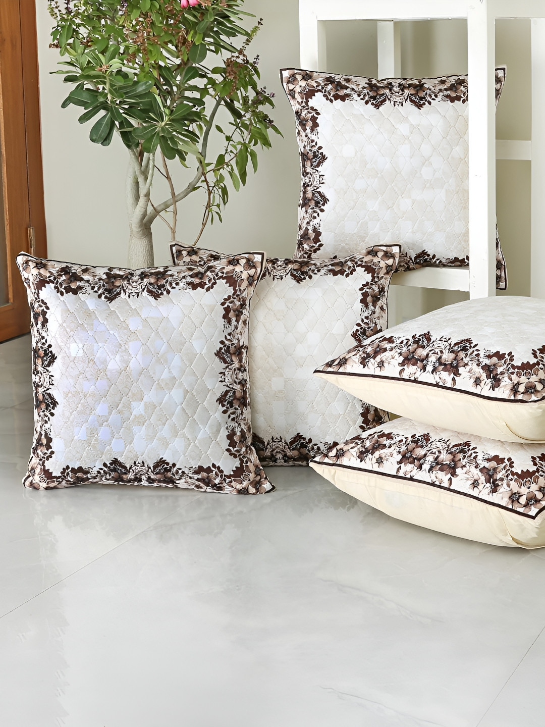 

Homerz White & Brown 5 Pieces Floral Velvet Square Cushion Covers