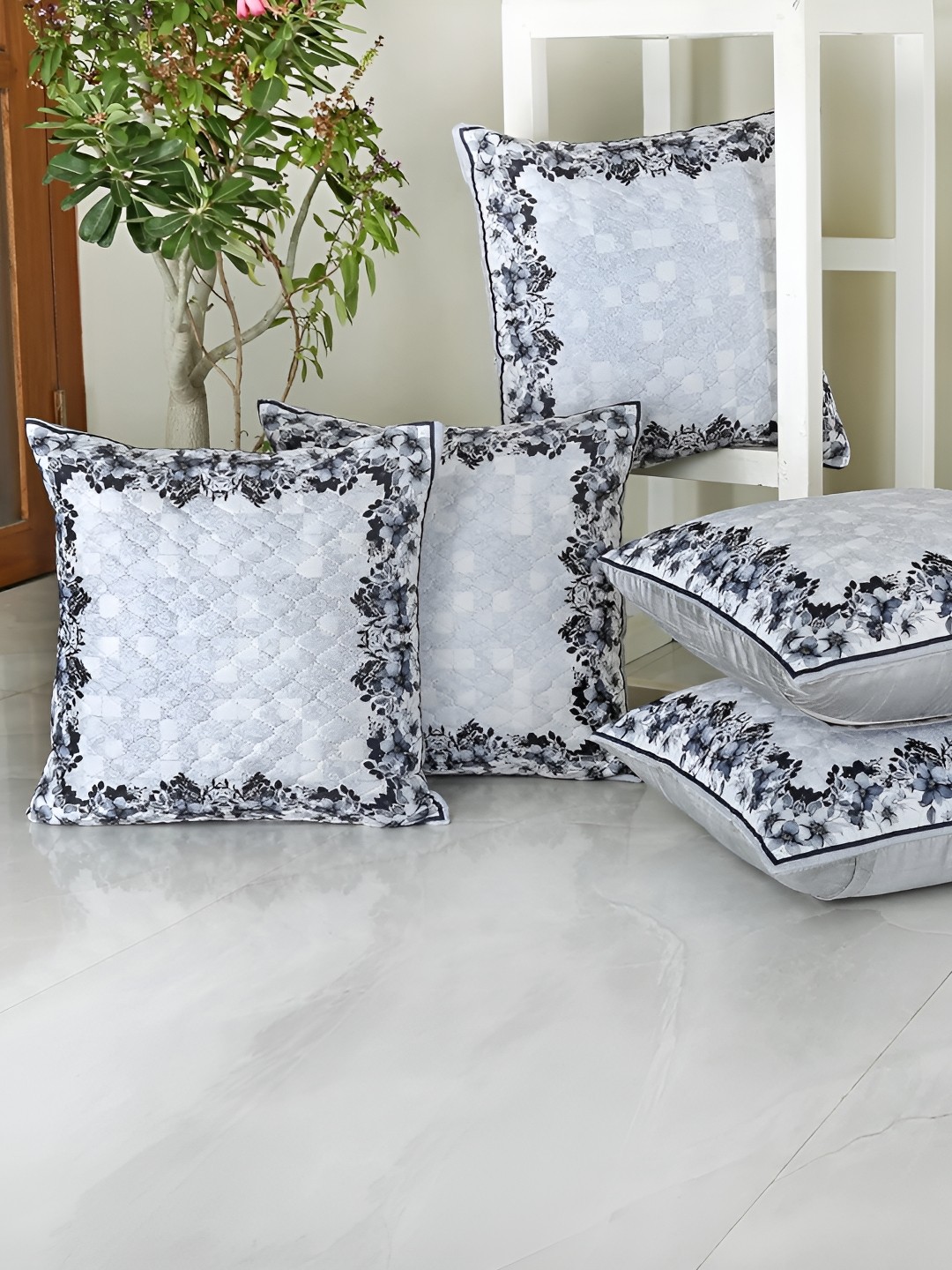 

Homerz White & Black 5 Pieces Floral Velvet Square Cushion Covers