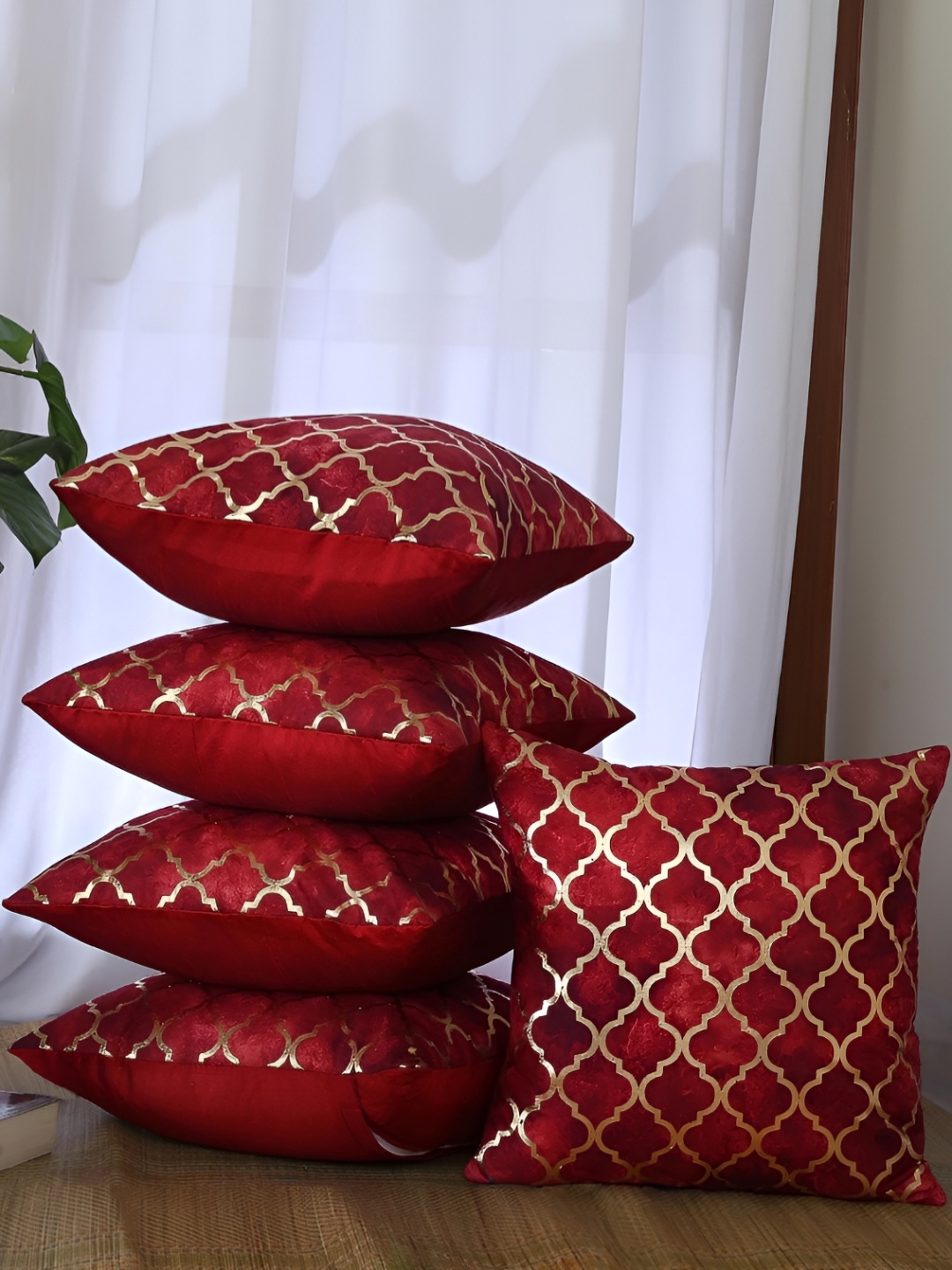 

Homerz Red & Beige 5 Pieces Geometric Velvet Square Cushion Covers