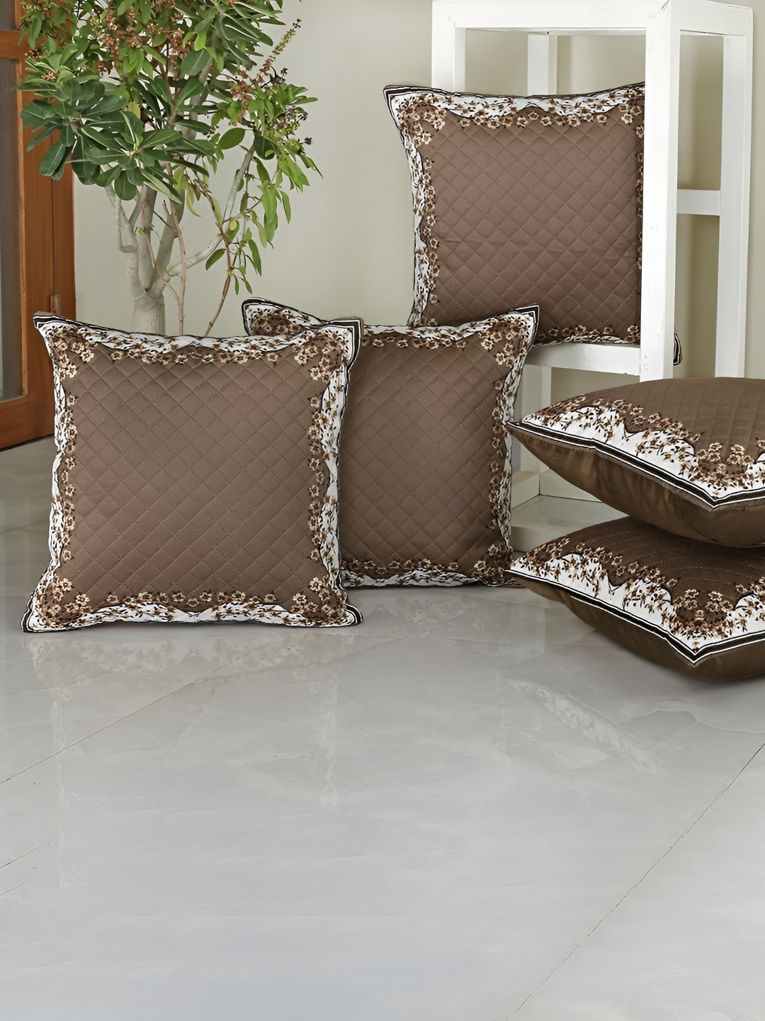 

Homerz Brown & White 5 Pieces Floral Printed Velvet Square Cushion Covers