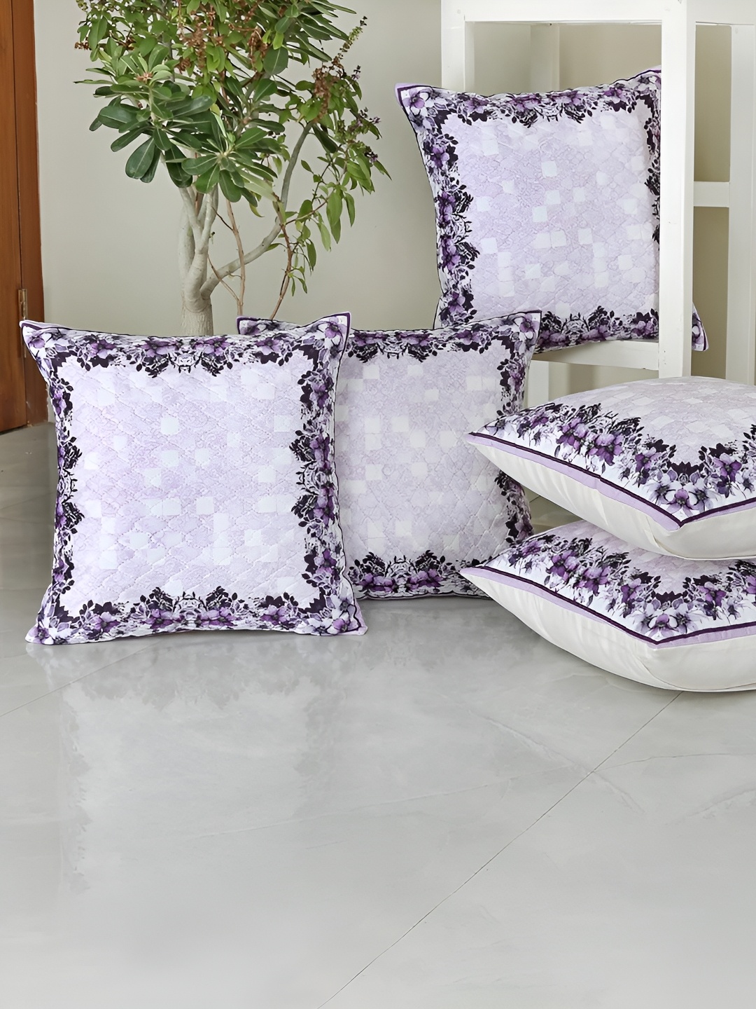 

Homerz Violet & White 5 Pcs Floral Velvet Square Cushion Covers