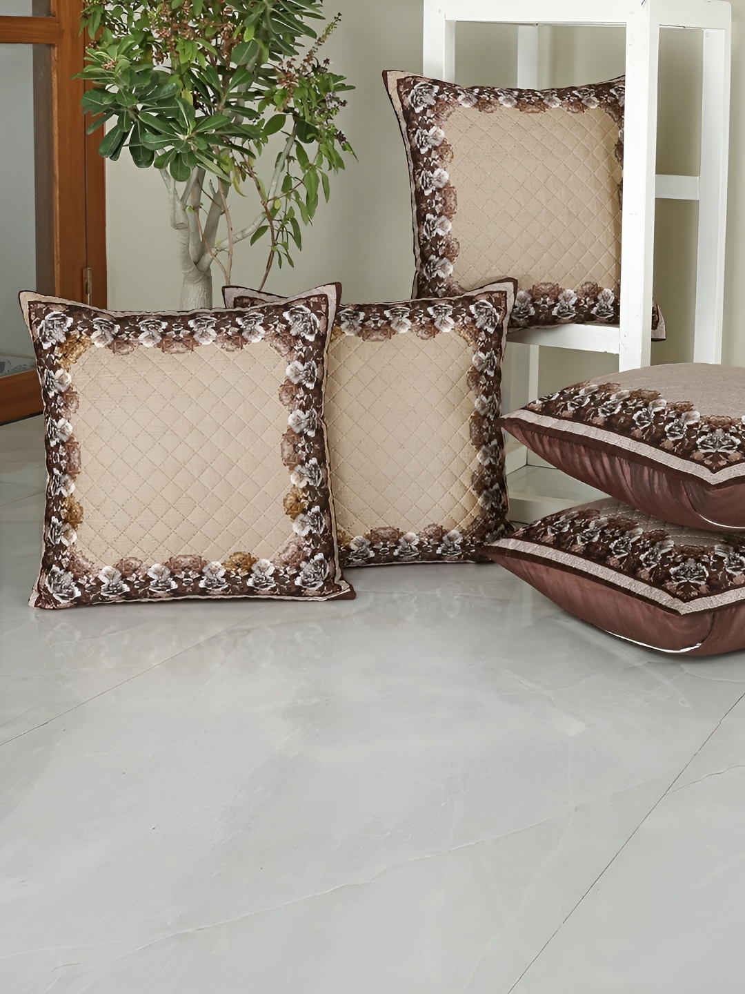 

Homerz Beige & Brown 5 Pcs Floral Velvet Square Cushion Covers
