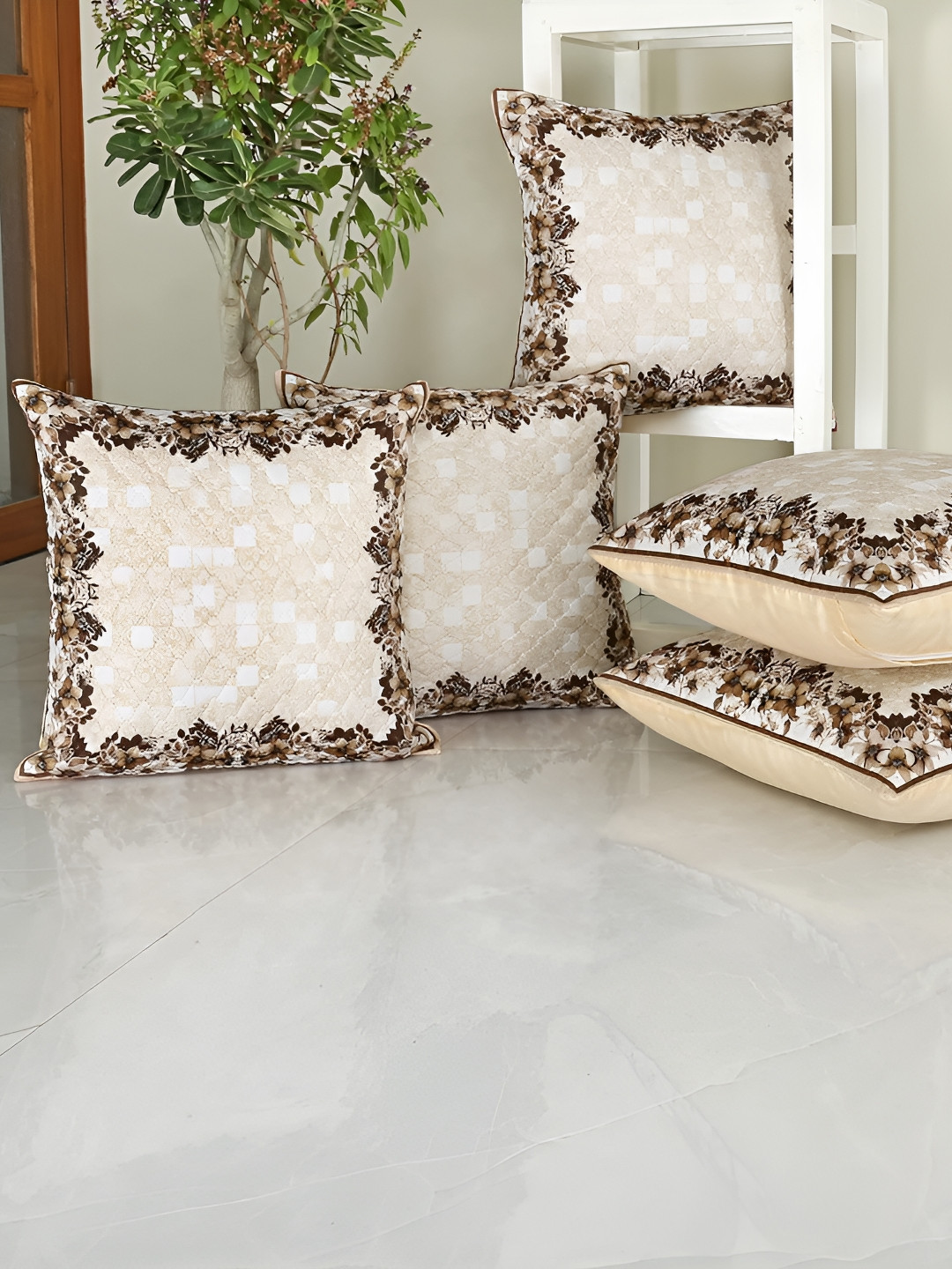 

Homerz White & Peach 5 Pcs Floral Velvet Square Cushion Covers