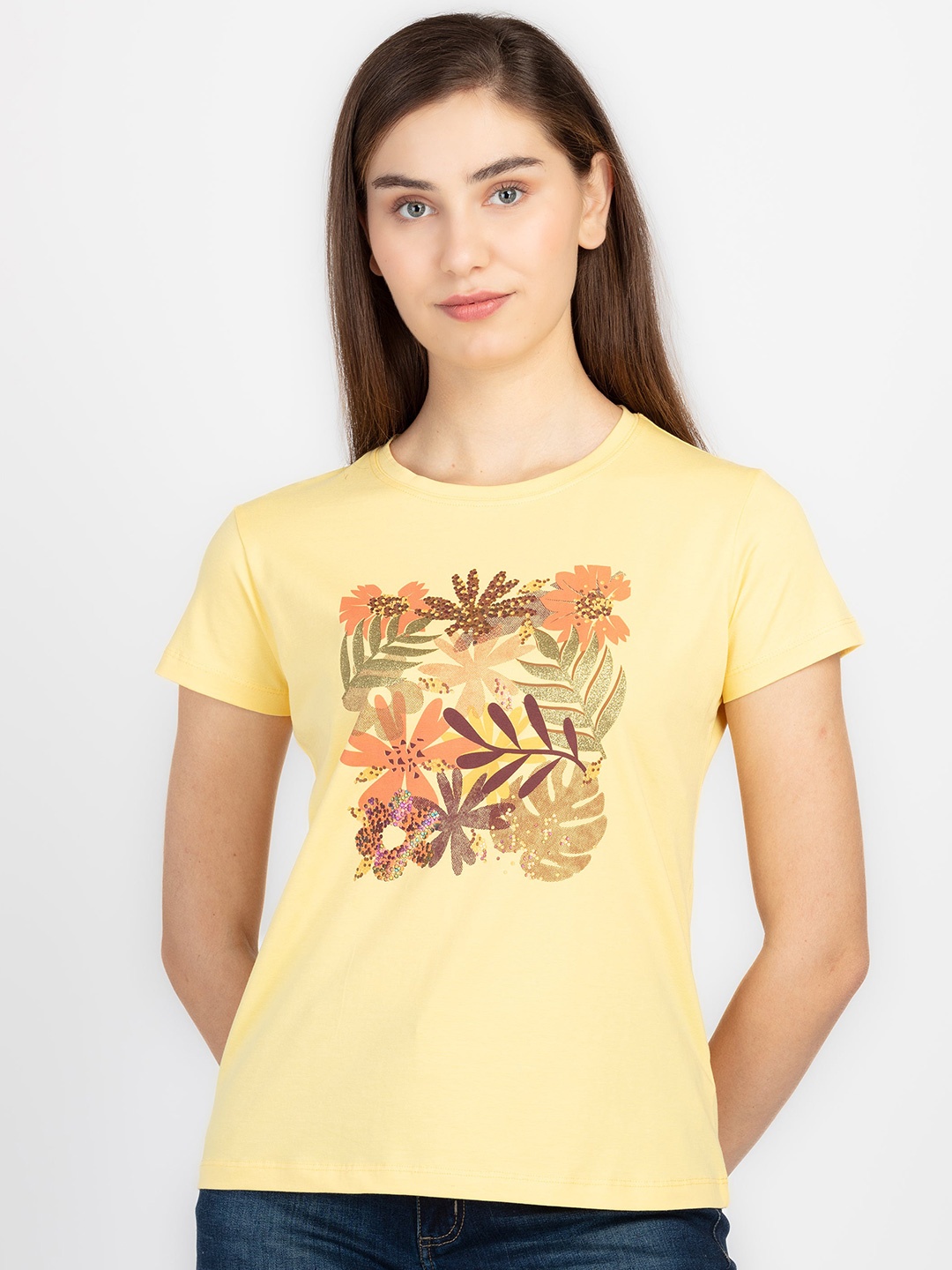 

Status Quo Round Neck Short Sleeves Floral Printed Tropical Cotton T-shirt, Yellow