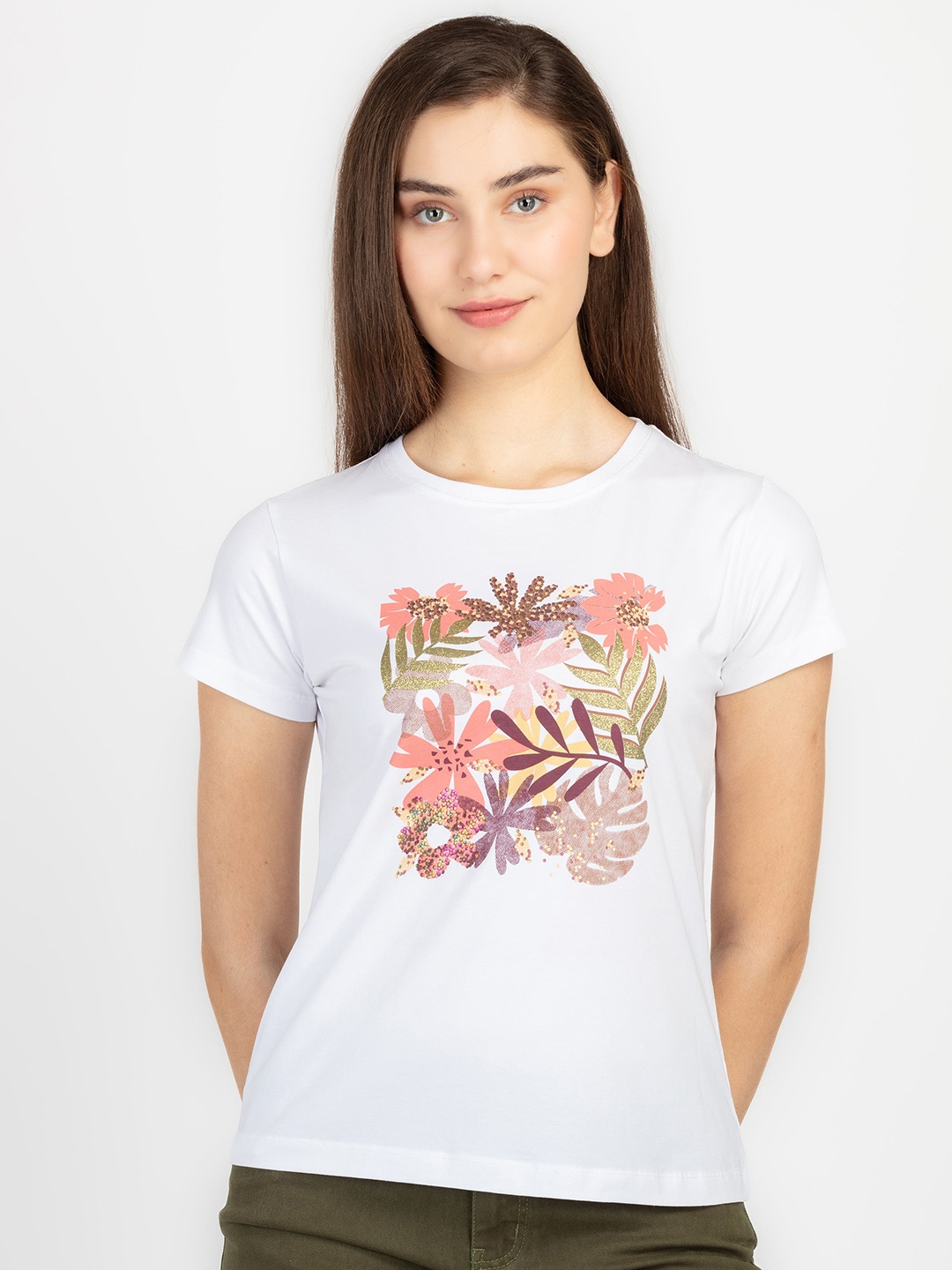 

Status Quo Round Neck Short Sleeves Floral Printed Tropical Cotton T-shirt, White