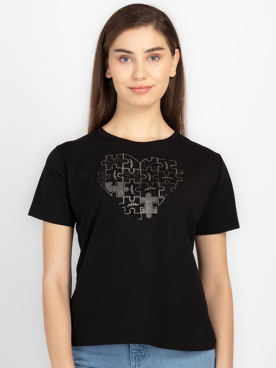 

Status Quo Graphic Embellished Round Neck Cotton T-shirt, Black