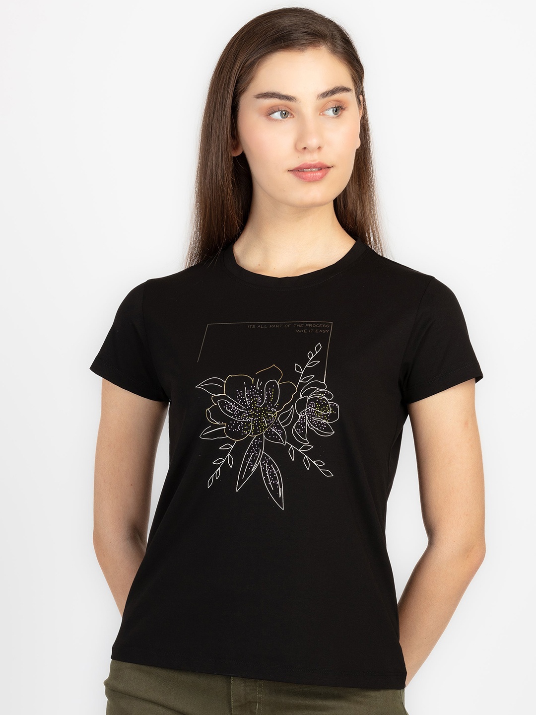 Status Quo Round Neck Graphic Printed Short Sleeves Cotton T-shirt, Black