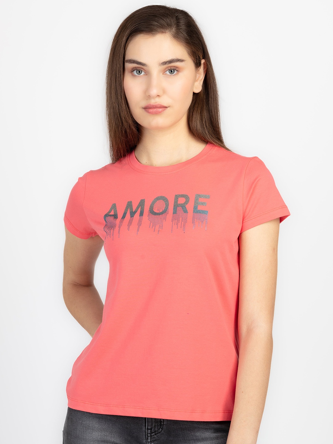 

Status Quo Round Neck Short Sleeves Typography Printed T-shirt, Coral