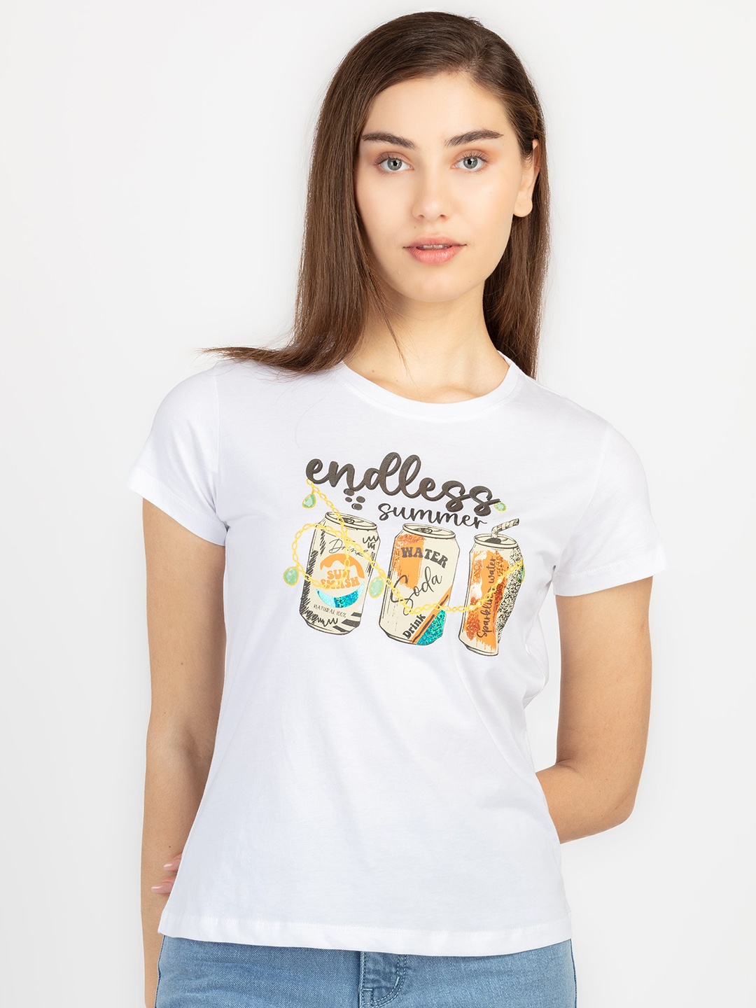 

Status Quo Graphic Printed Round Neck Cotton T-shirt, White