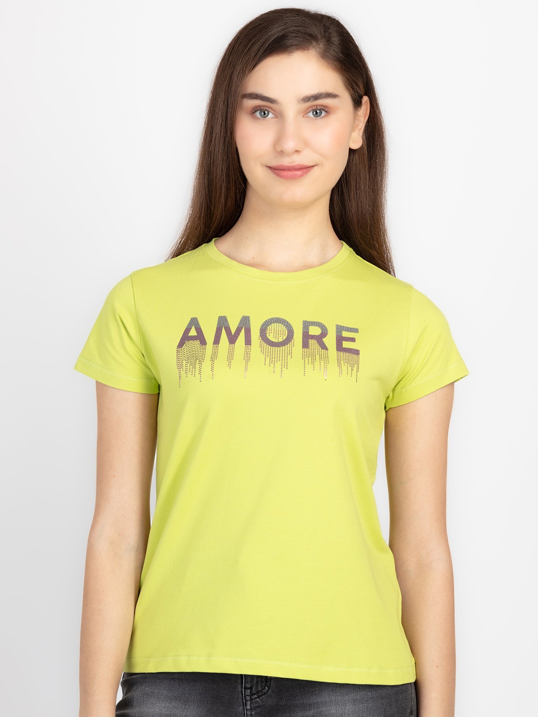 Status Quo Round Neck Typography Printed Cotton T-shirt, Green