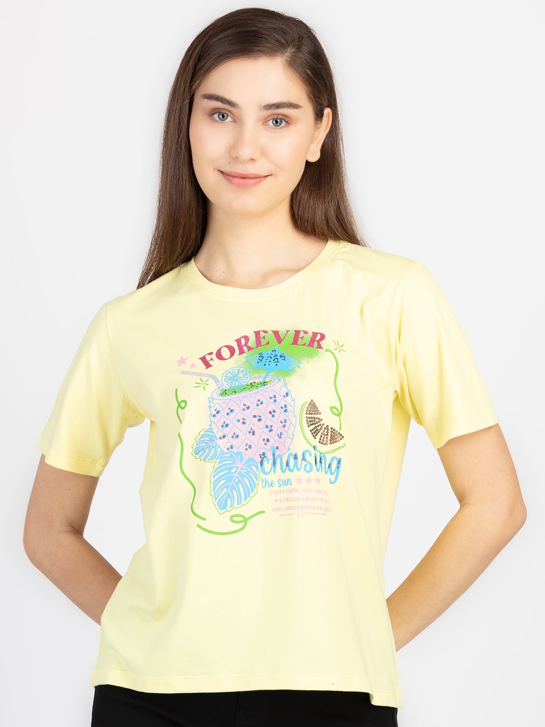 Status Quo Round Neck Typography Printed Short Sleeves Cotton T-shirt, Yellow