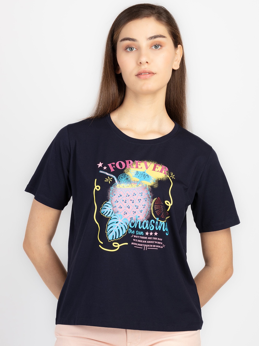 

Status Quo Round Neck Short Sleeves Printed Cotton T-shirt, Navy blue