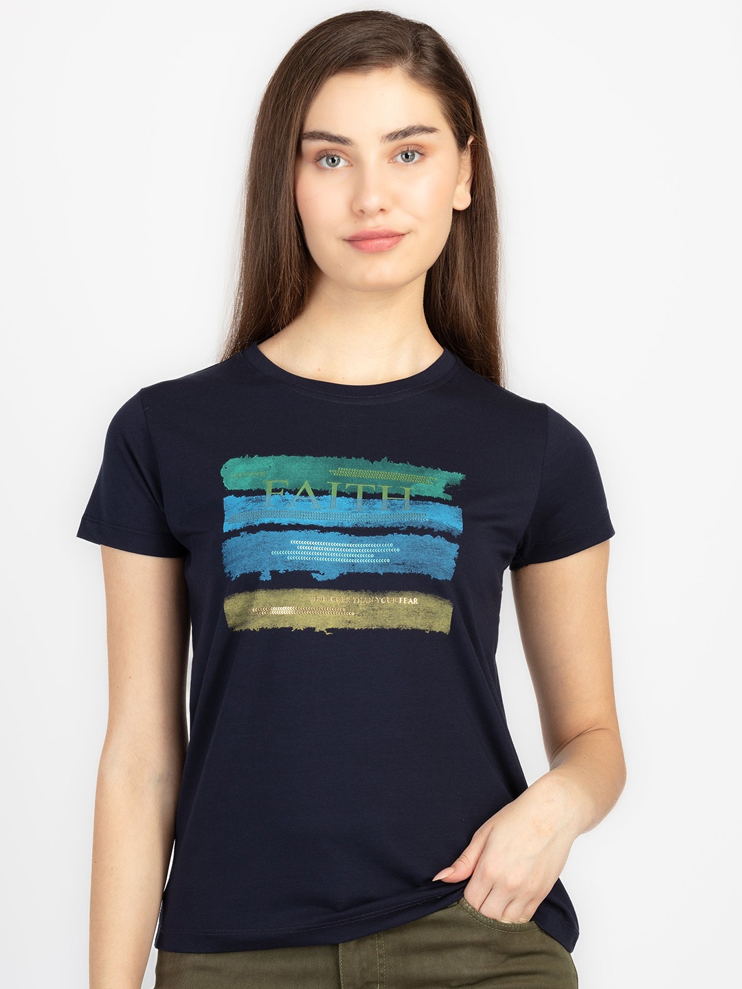 

Status Quo Round Neck Short Sleeves Printed Cotton T-shirt, Navy blue