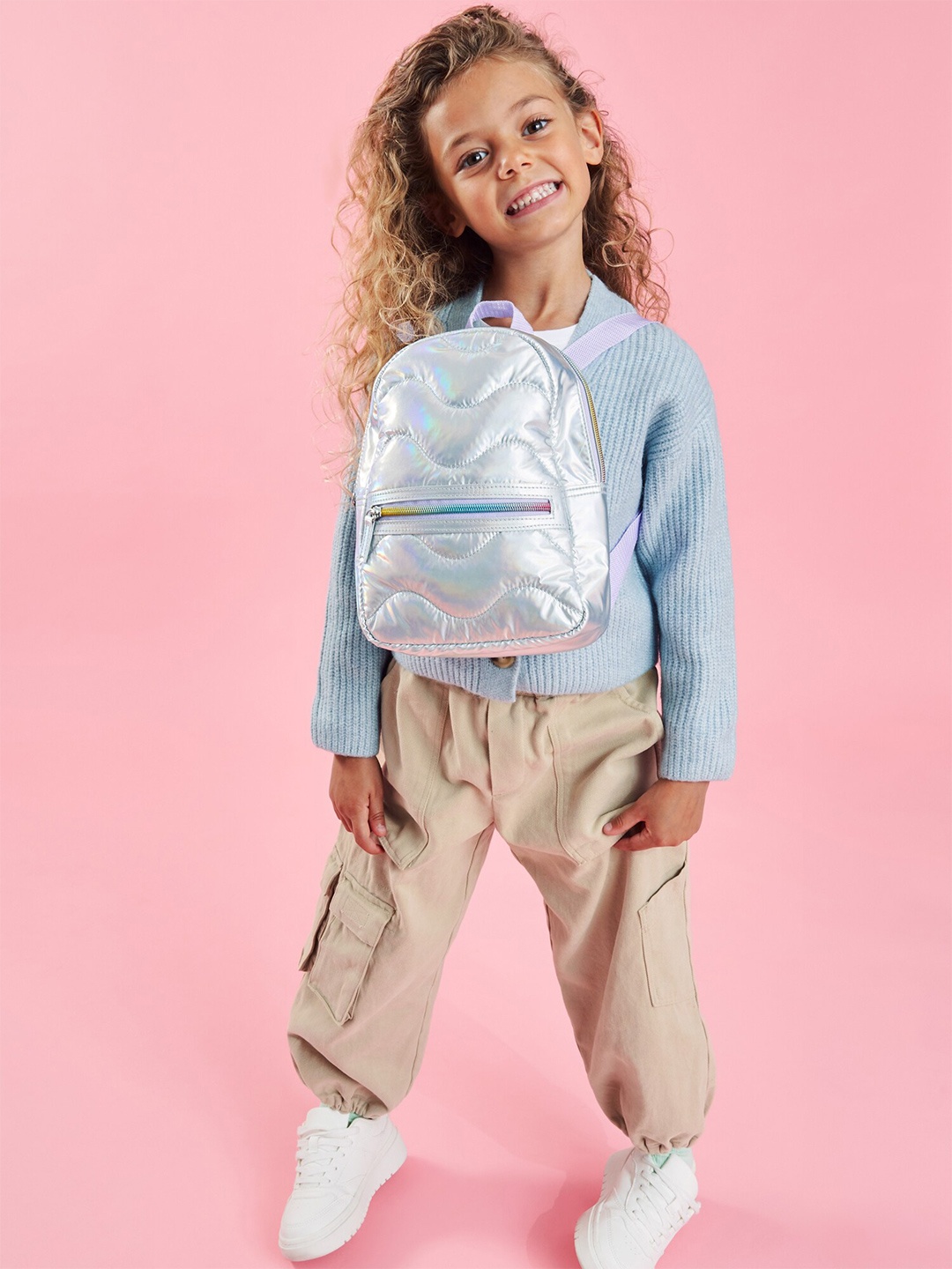 

Accessorize Girls Textured Non-Padded Small Backpack, Silver