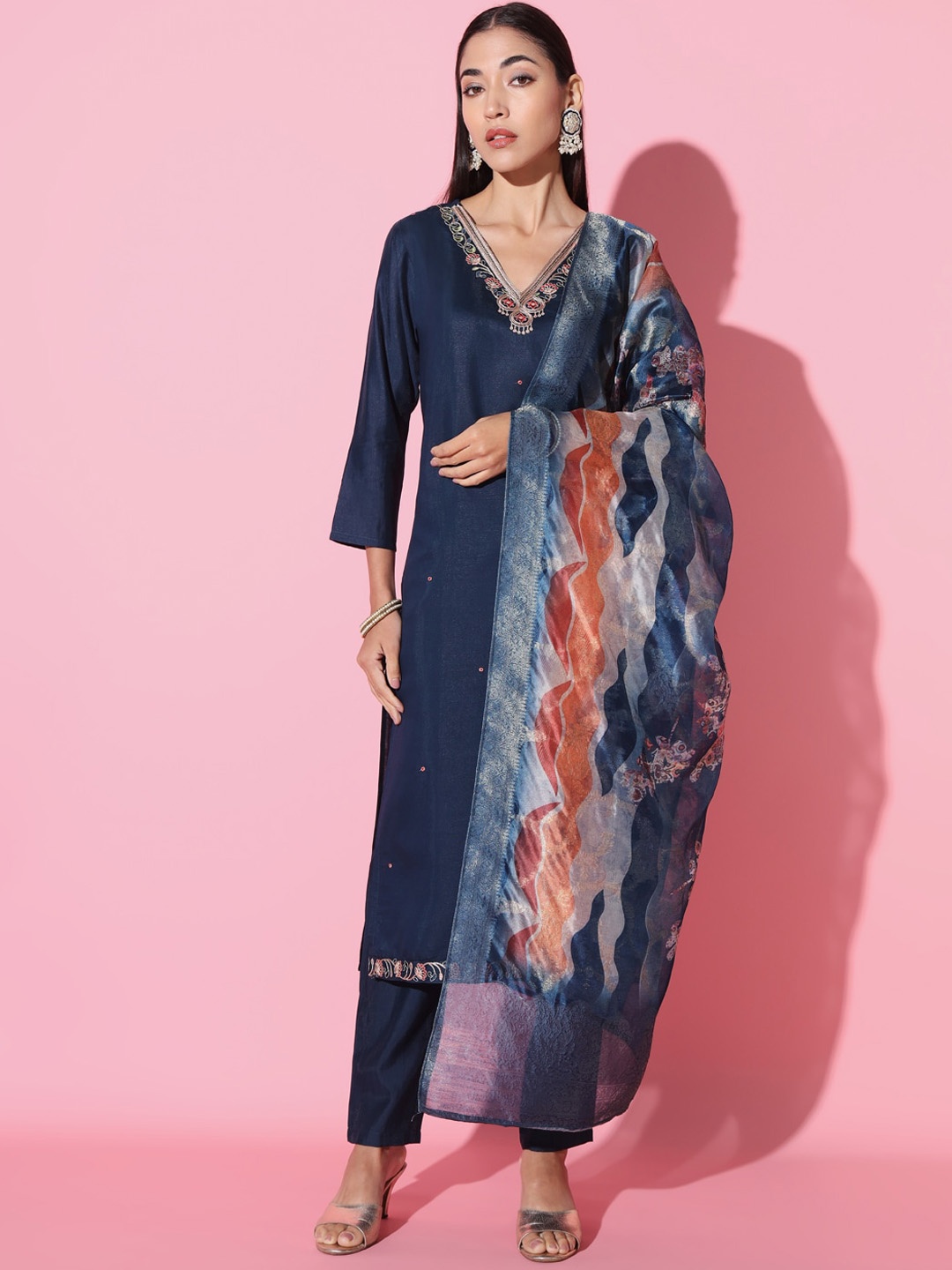 

THE52 Floral Yoke Design Thread Work Straight Kurta With Trousers & Dupatta, Blue