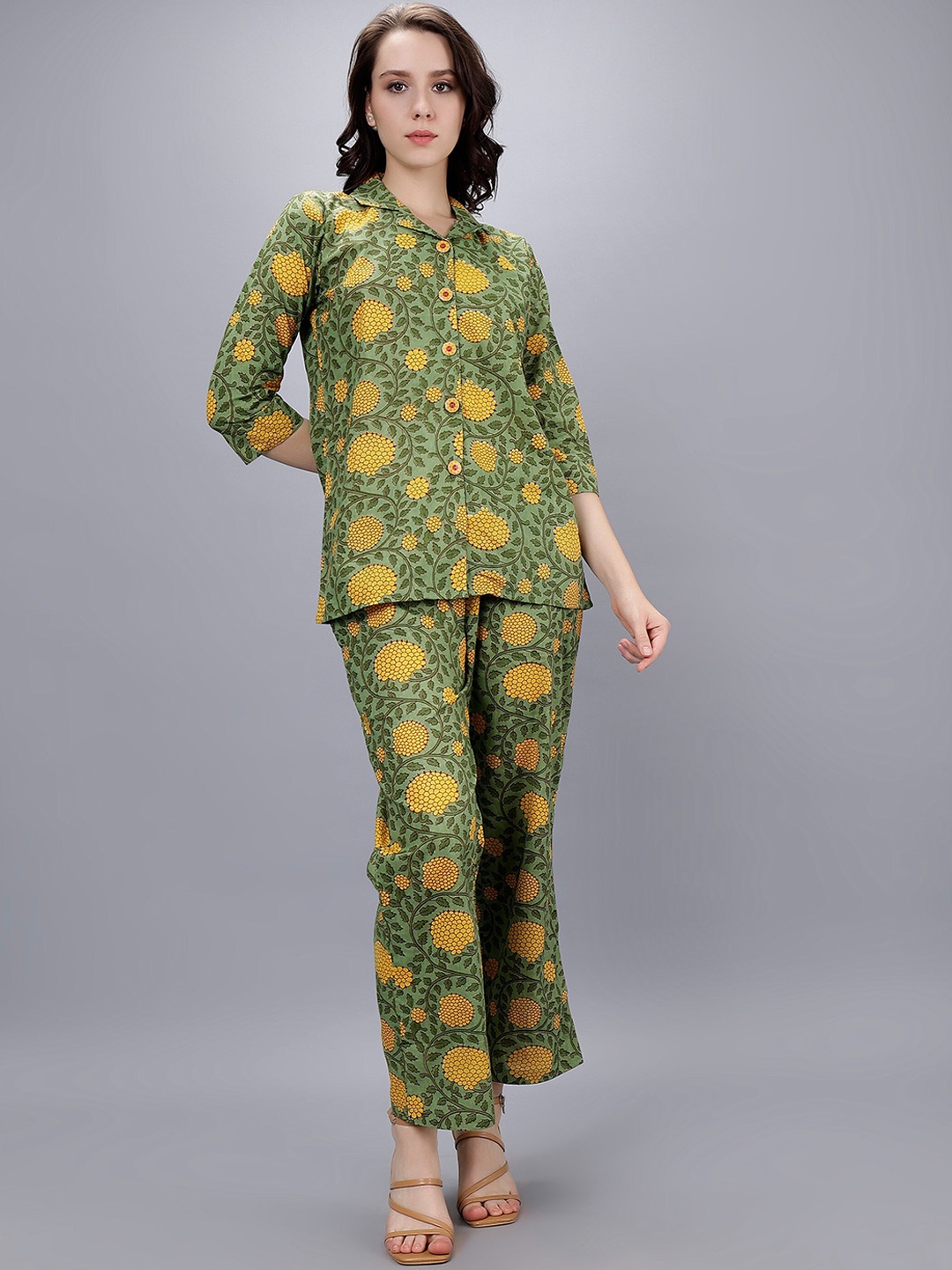 

CELEBRAVO Women Floral Printed Cotton Shirt & Trousers Set, Green