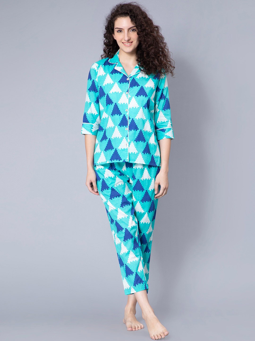 

CELEBRAVO Geometric Printed Lapel Collar Pure Cotton Night Suit, Turquoise blue