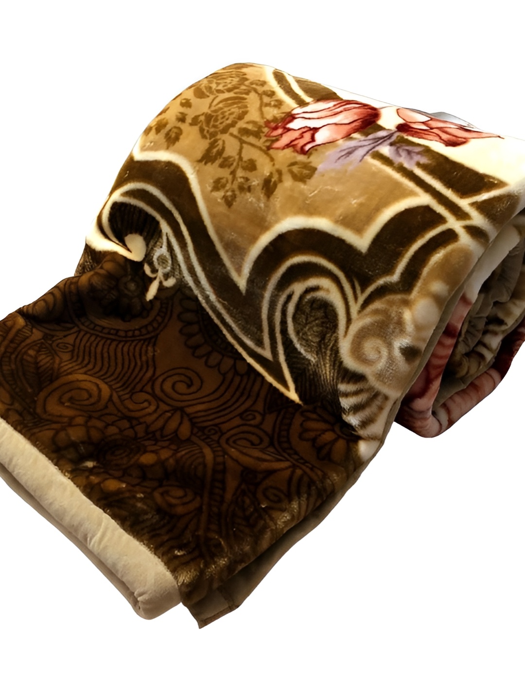 

Signature Cream-Coloured & Brown Floral Mild Winter Single Bed Blanket