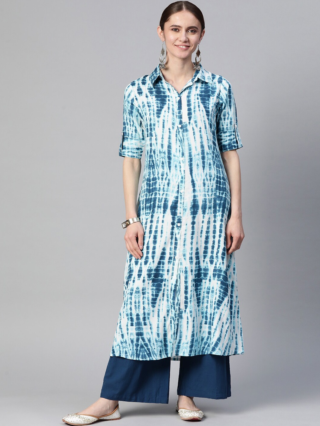 

mokshi Tie & Dye Dyed Shirt Collar Roll Up Sleeves Straight Kurta, Blue