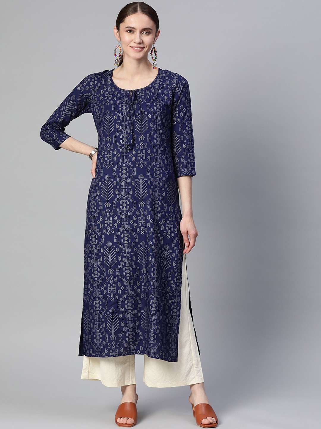 

mokshi Geometric Foil Printed Tie Up Neck Straight Kurta, Blue