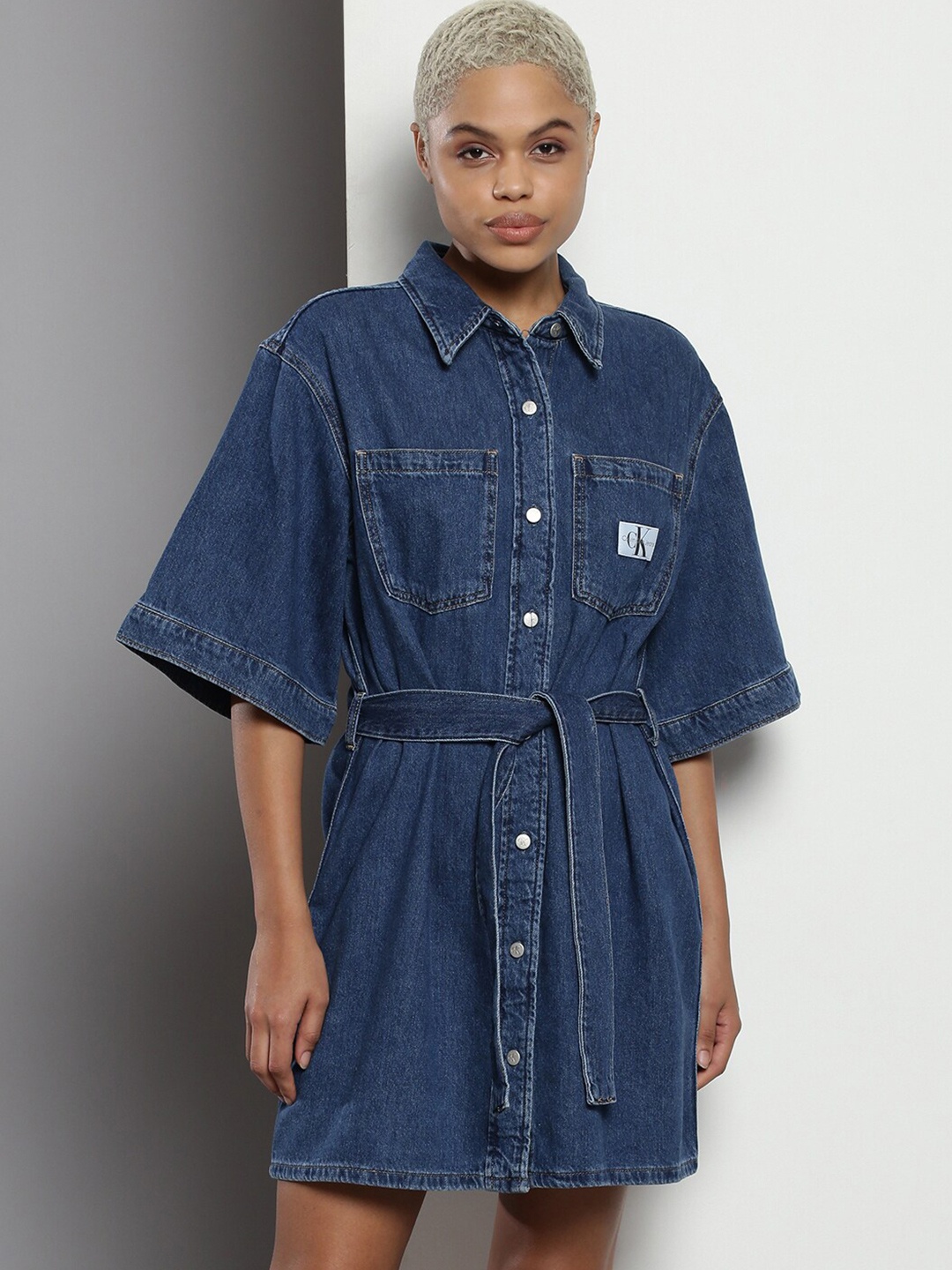 

Calvin Klein Shirt Collar Cotton Shirt Dress, Blue