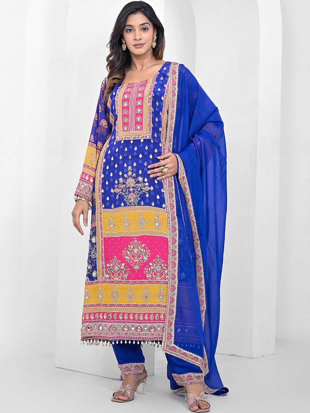 

Vishudh Blue & Pink Ethnic Motifs Printed Regular Kurta With Trousers & Dupatta