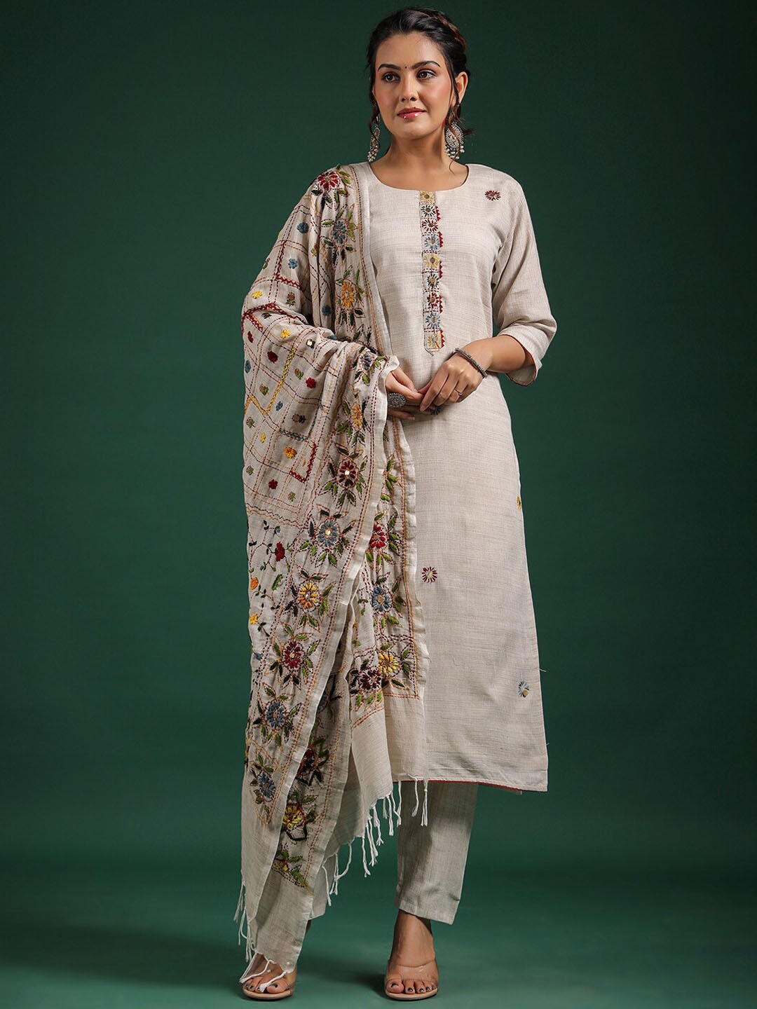 

Vishudh Floral Embroidered Pure Cotton Kurta with Trousers & Dupatta, Cream