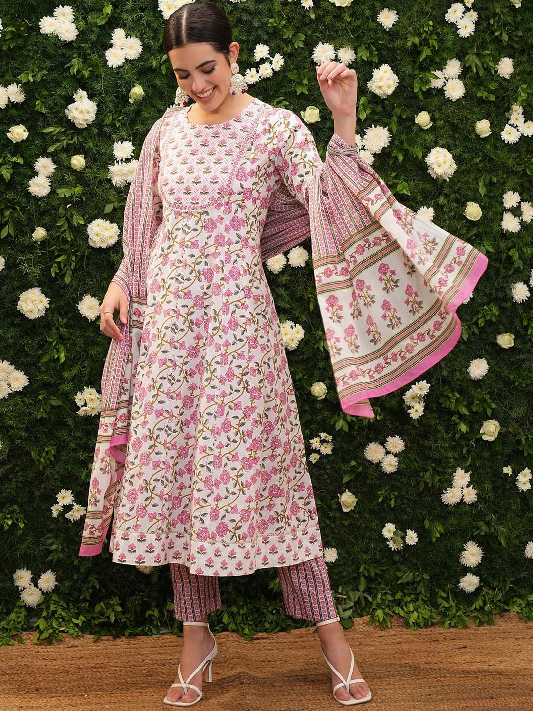 

Vishudh Floral Printed Empire Pure Cotton Kurta with Trousers & With Dupatta, White