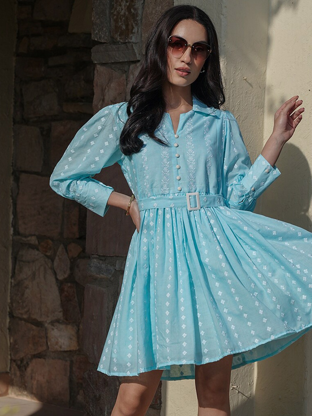 

Vishudh Floral Embroidered Puff Sleeve Fit & Flare Pure Cotton Ethnic Dress, Blue