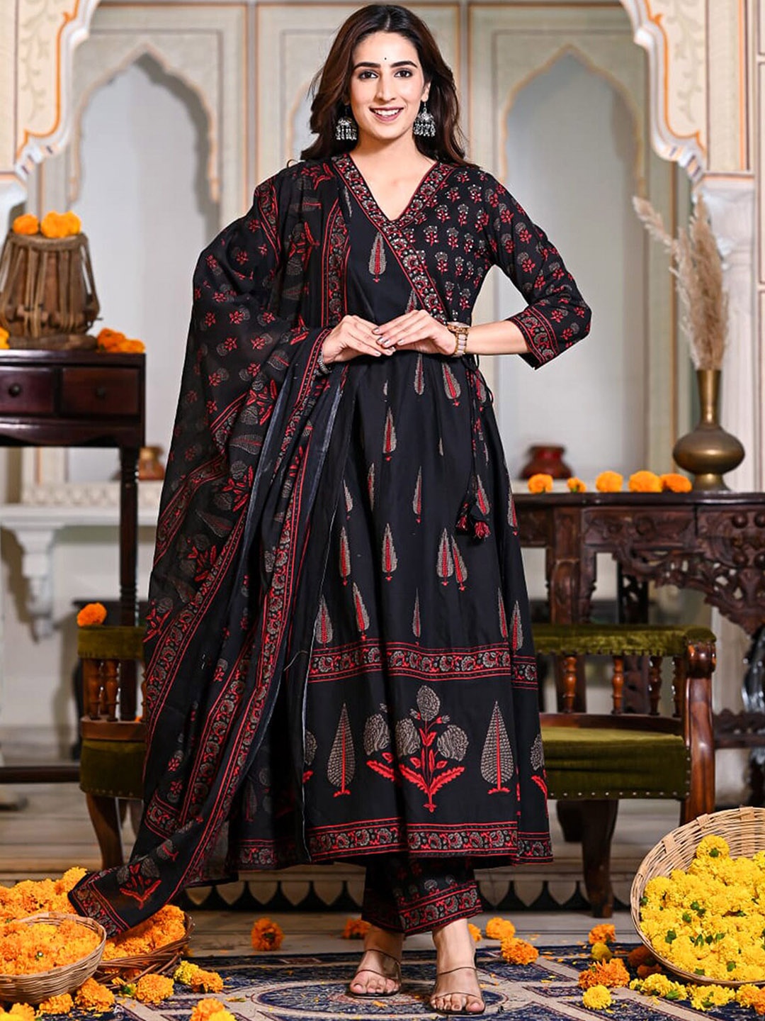 

Vishudh Ethnic Motifs Printed Angrakha Pure Cotton Kurta with Trousers & With Dupatta, Black