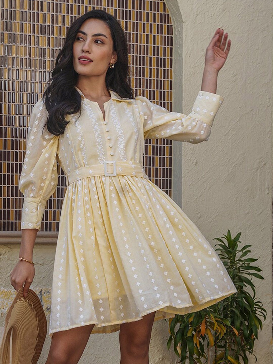 

Vishudh Yellow Floral Embroidered Puff Sleeve Fit & Flare Pure Cotton Ethnic Dress