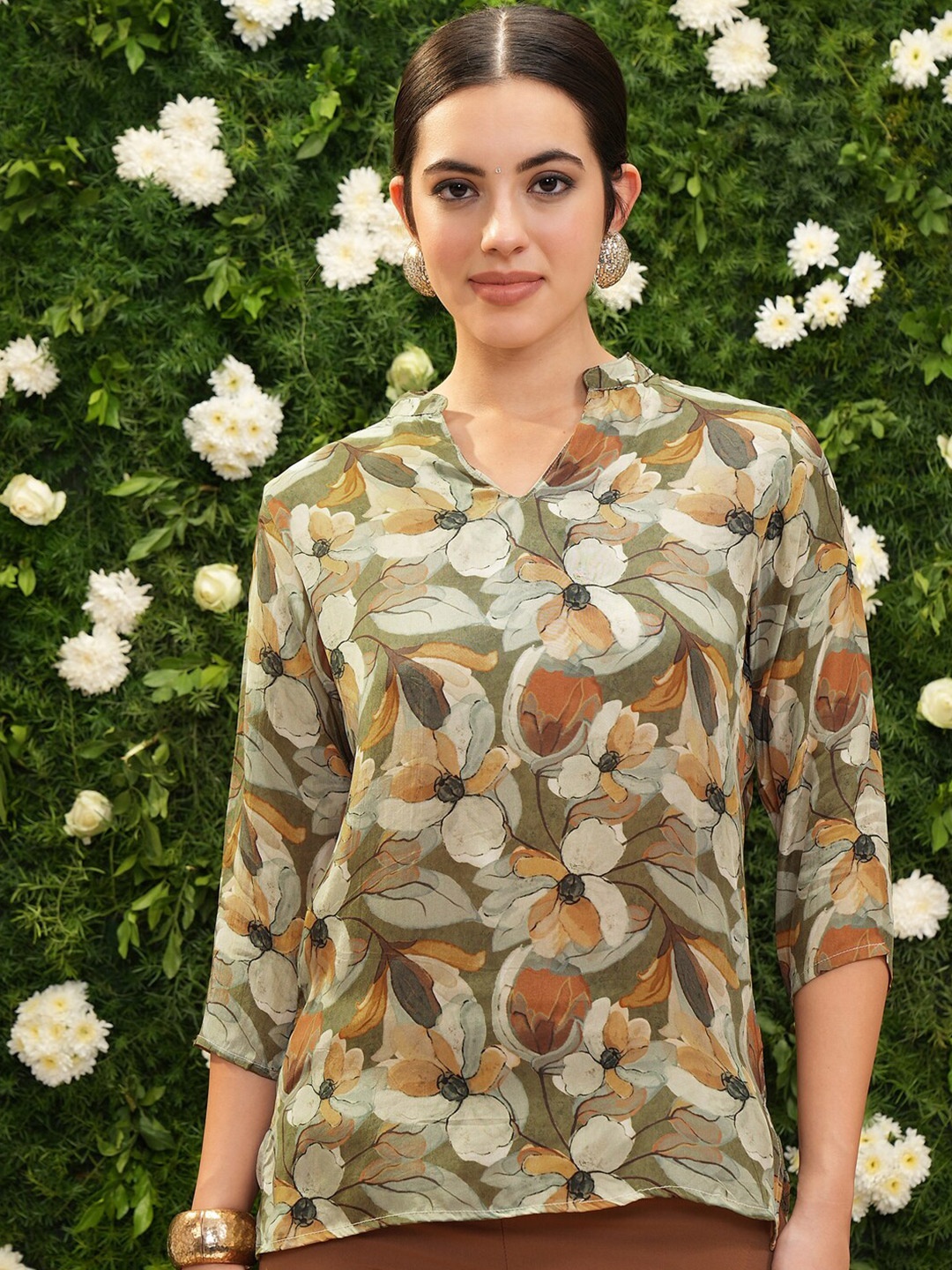 

Vishudh Floral Print Mandarin Collar Cold-Shoulder Top, Green