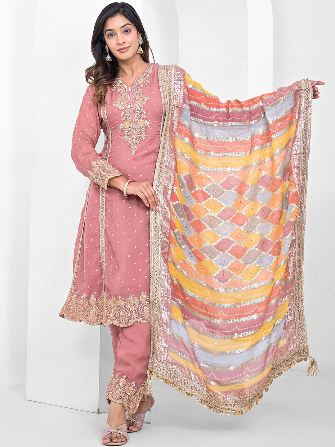 

Vishudh Ethnic Motifs Embroidered Round Neck Thread Work Kurta with Trousers & Dupatta, Rose