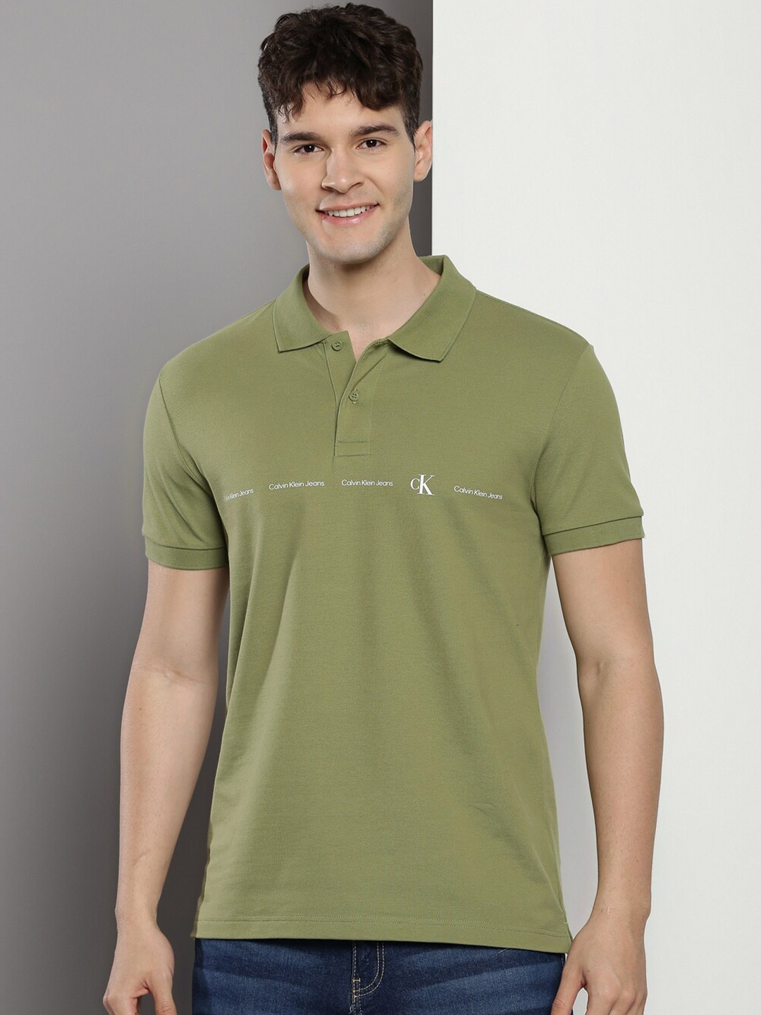 

Calvin Klein Brand Logo Printed Cotton Polo Collar Short Sleeves Casual T-shirt, Olive