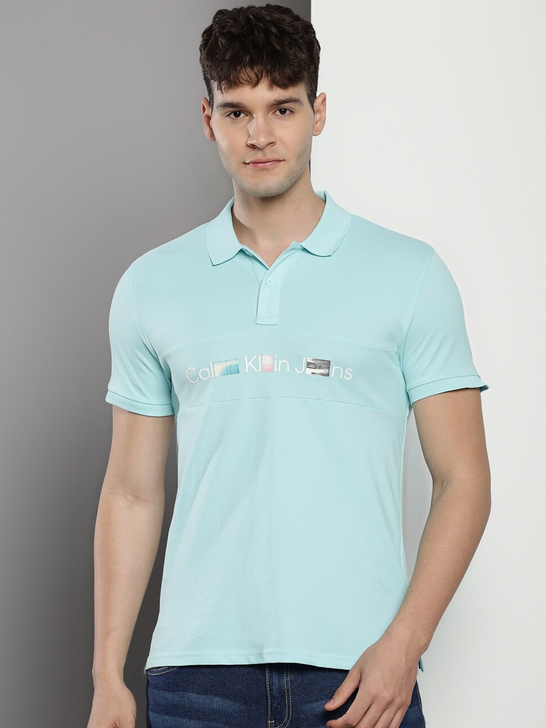 

Calvin Klein Jeans Brand Logo Printed Cotton Polo Collar Short Sleeves Pockets Casual T-shirt, Blue