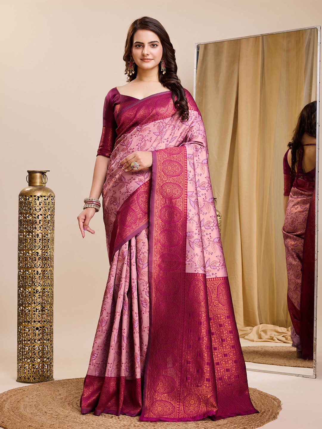 

HERE&NOW Pink Floral Woven Design Zari Banarasi Saree