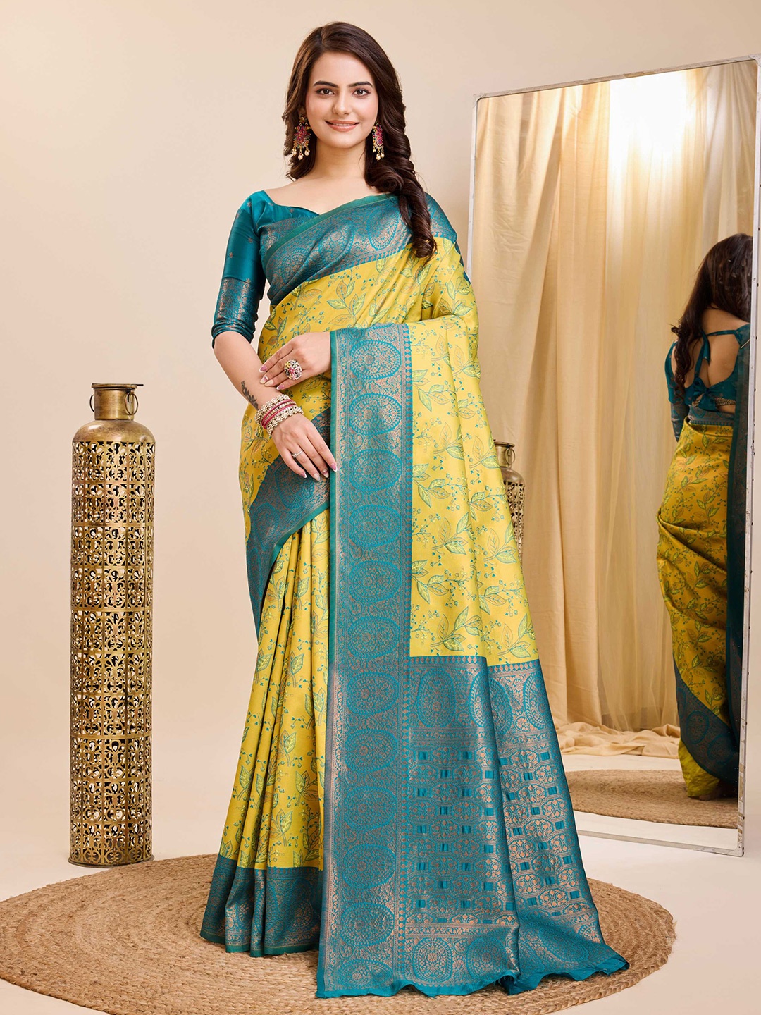 

HERE&NOW Olive Green Ethnic Motifs Woven Design Zari Banarasi Saree