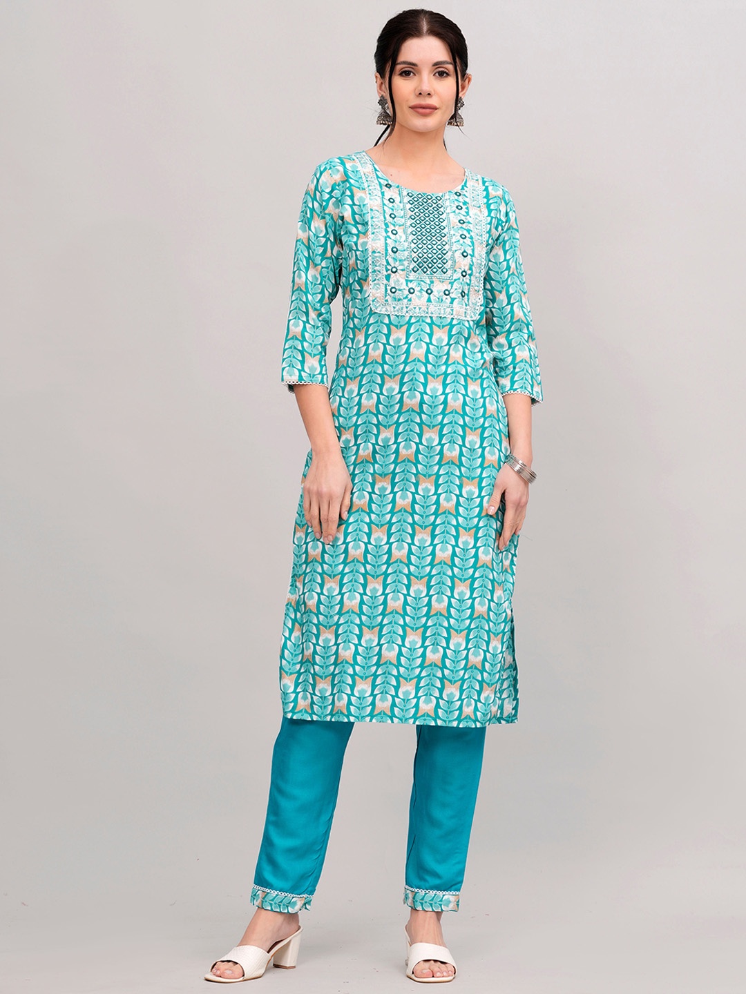 

KALINI Floral Printed Regular Thread Work Kurta With Trousers, Turquoise blue