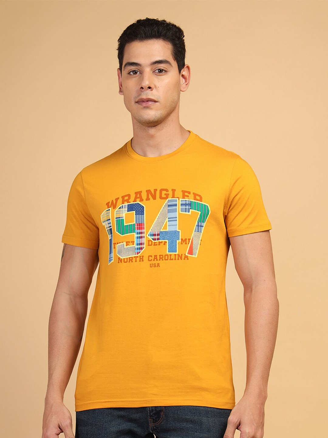 

Wrangler Round Neck Short Sleeves Typography Printed Cotton T-shirt, Yellow