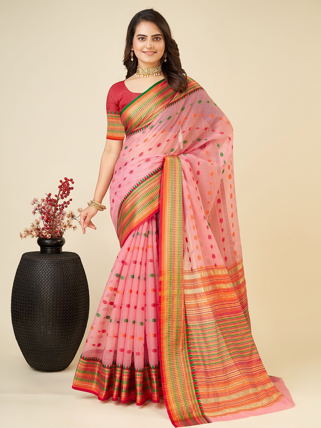 

BerMondsey Ethnic Motifs Woven Design Zari Banarasi Saree, Pink