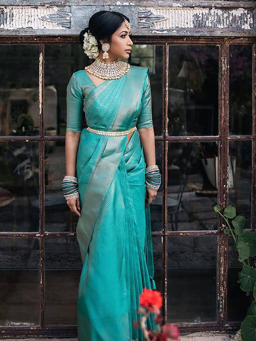 

BerMondsey Woven Design Zari Banarasi Saree, Green