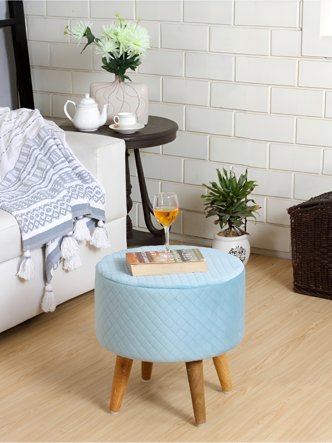 

Shadowkart Checked Textured Wooden Round Pouffes Ottoman, Blue