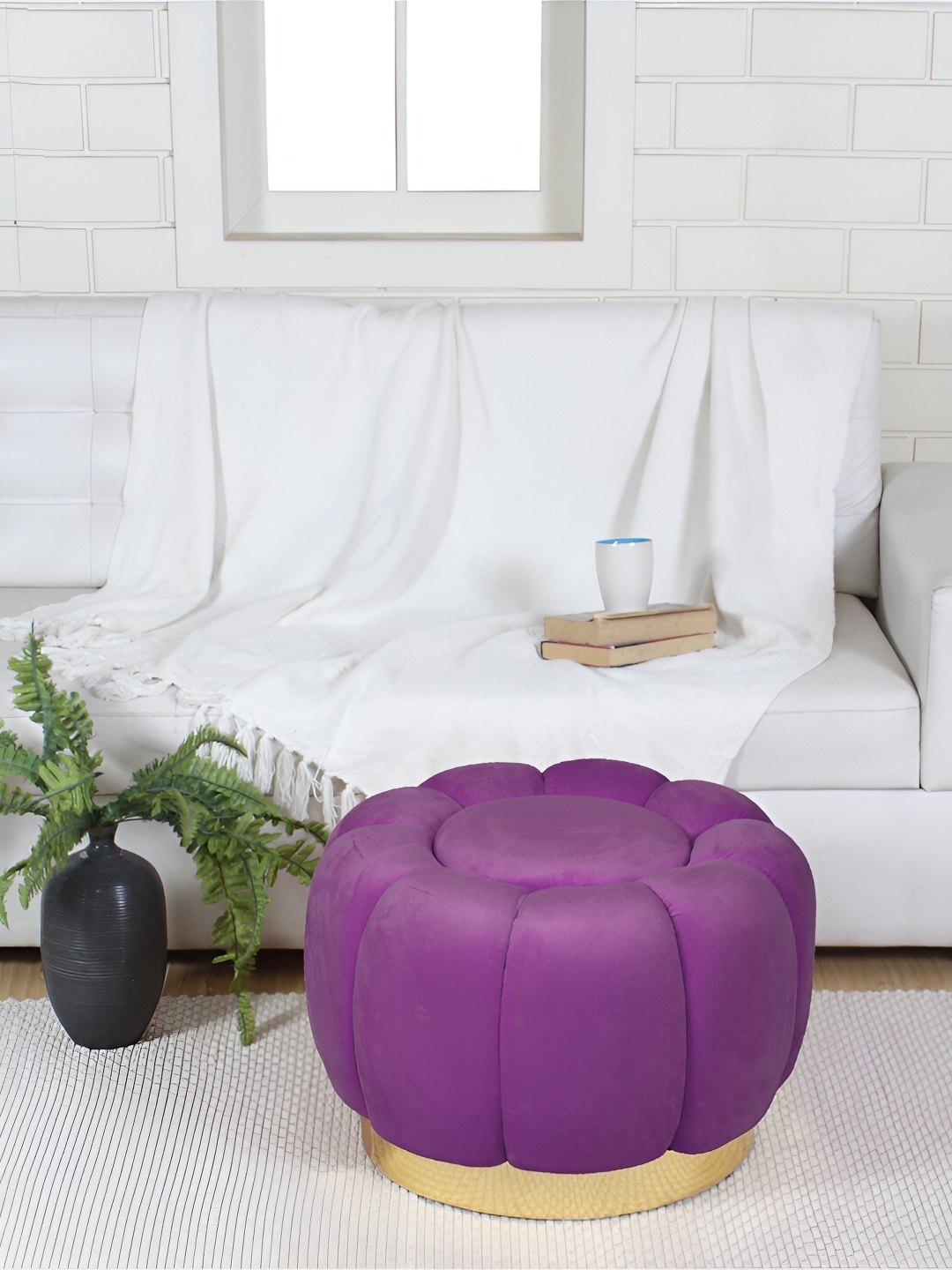 

Shadowkart Purple Self Design Wooden Velvet Pouffes Sitting Mudda Puffies Stool Ottomans