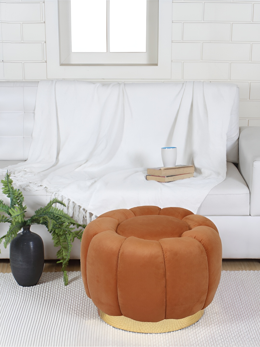

Shadowkart Brown Self Design Wooden Round Pouffes Ottoman